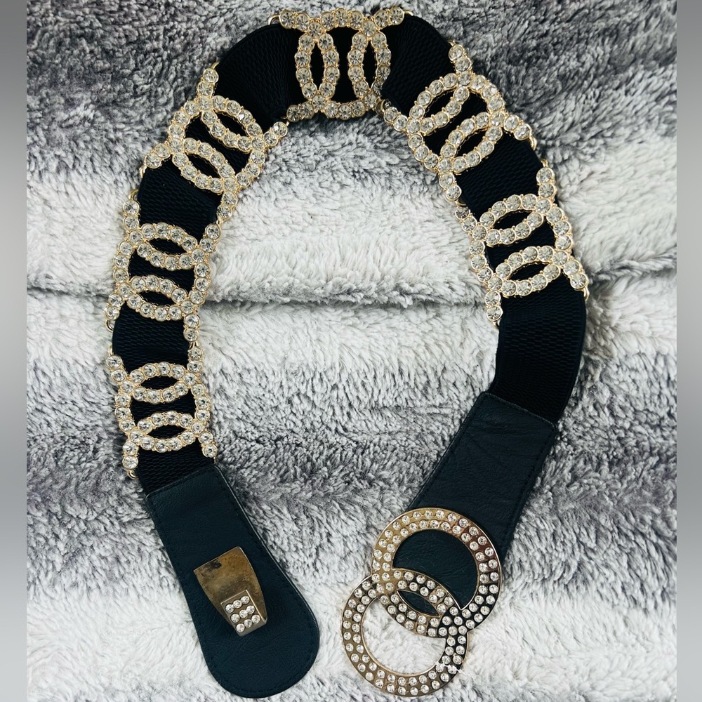 BLACK Elastic & Rhinestone Beautiful Fashionable Belt